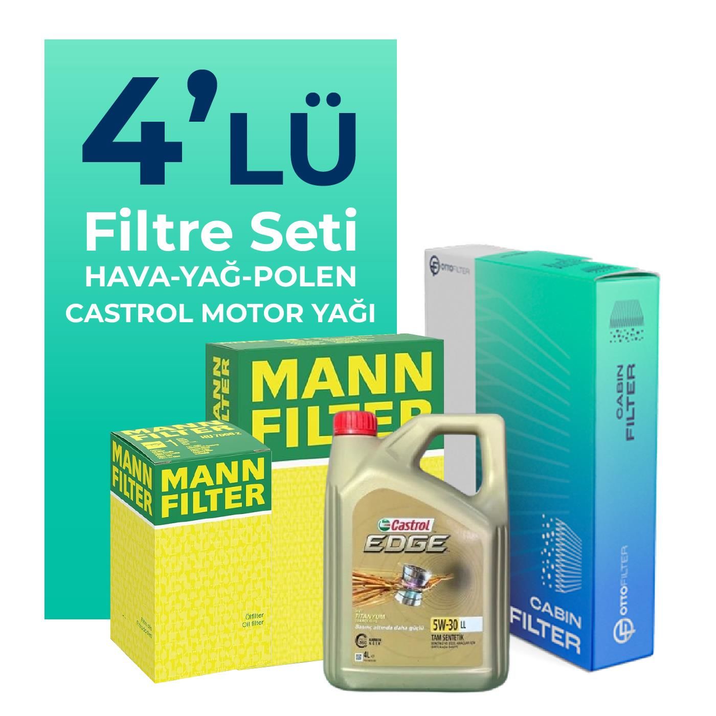 MANN Audi A1 1.6 Dizel Filtre Bakım Seti Castrol Motor Yağlı (2014-2018) 4 Lü