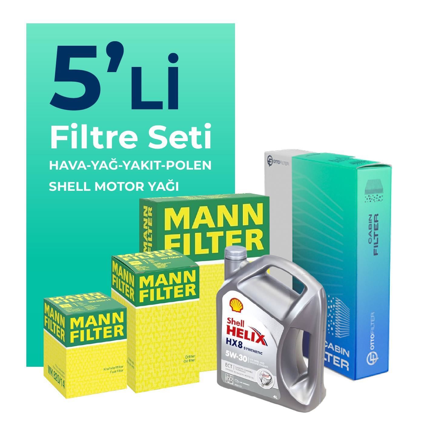 MANN Audi A1 1.6 Dizel Filtre Bakım Seti Shell Motor Yağlı (2014-2018) 5 Li