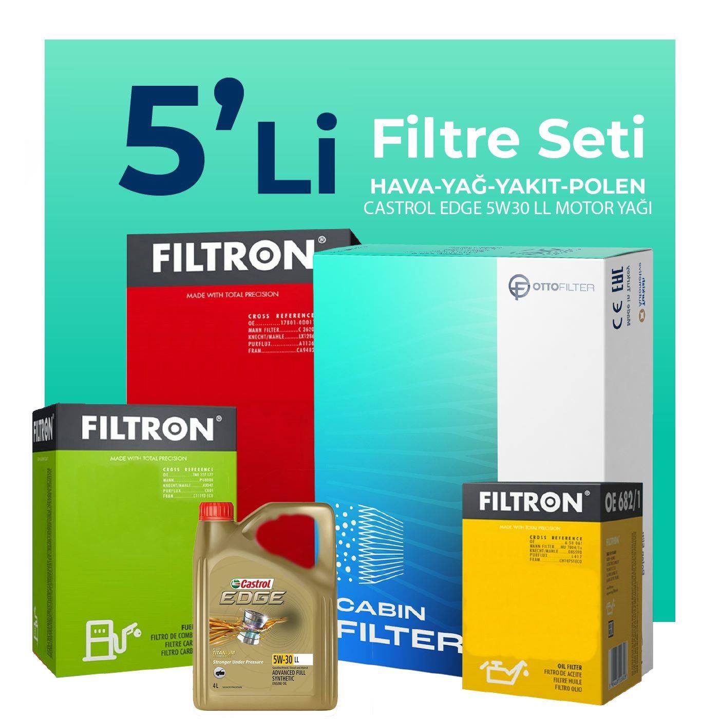 Filtron Audi A1 1.6 Dizel Filtre Bakım Seti Castrol Motor Yağlı (2010-2015) 5 Li